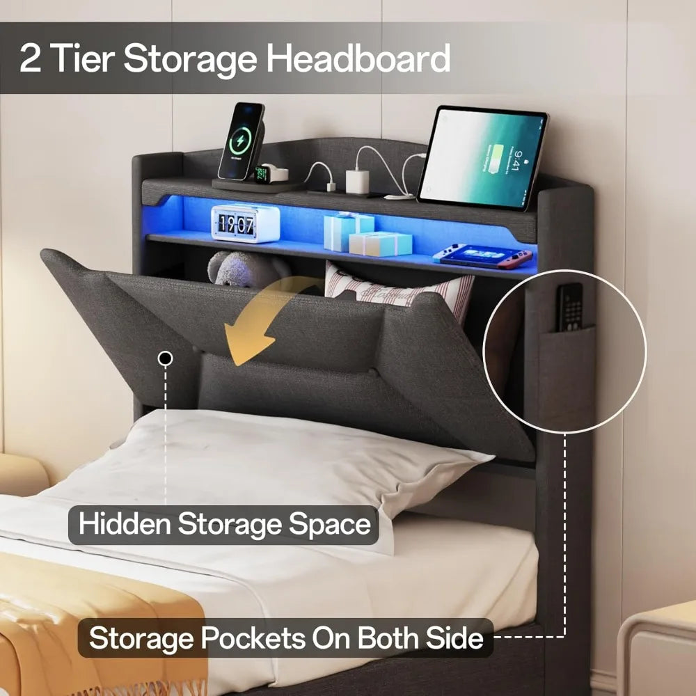 AuraBed Queen Beige – Smart Storage LED Frame with Charging Hub