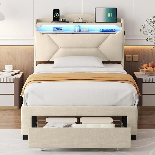 AuraBed Full Beige – Smart Storage LED Frame with Charging Hub