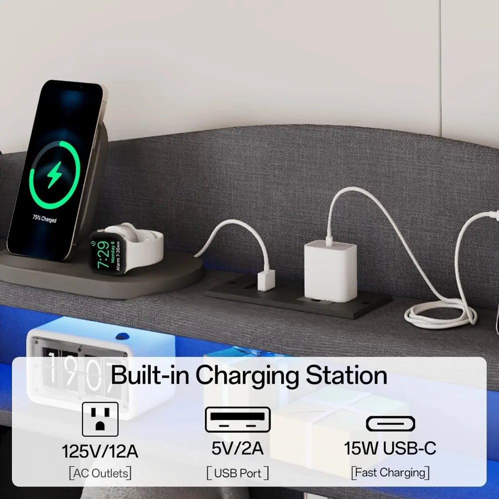 AuraBed Queen Beige – Smart Storage LED Frame with Charging Hub