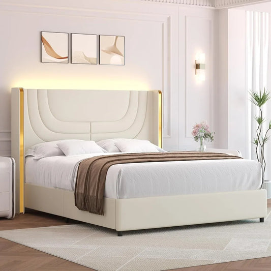 Queen Cream Bed Frame – LED Ambient Upholstered Platform with Wingback