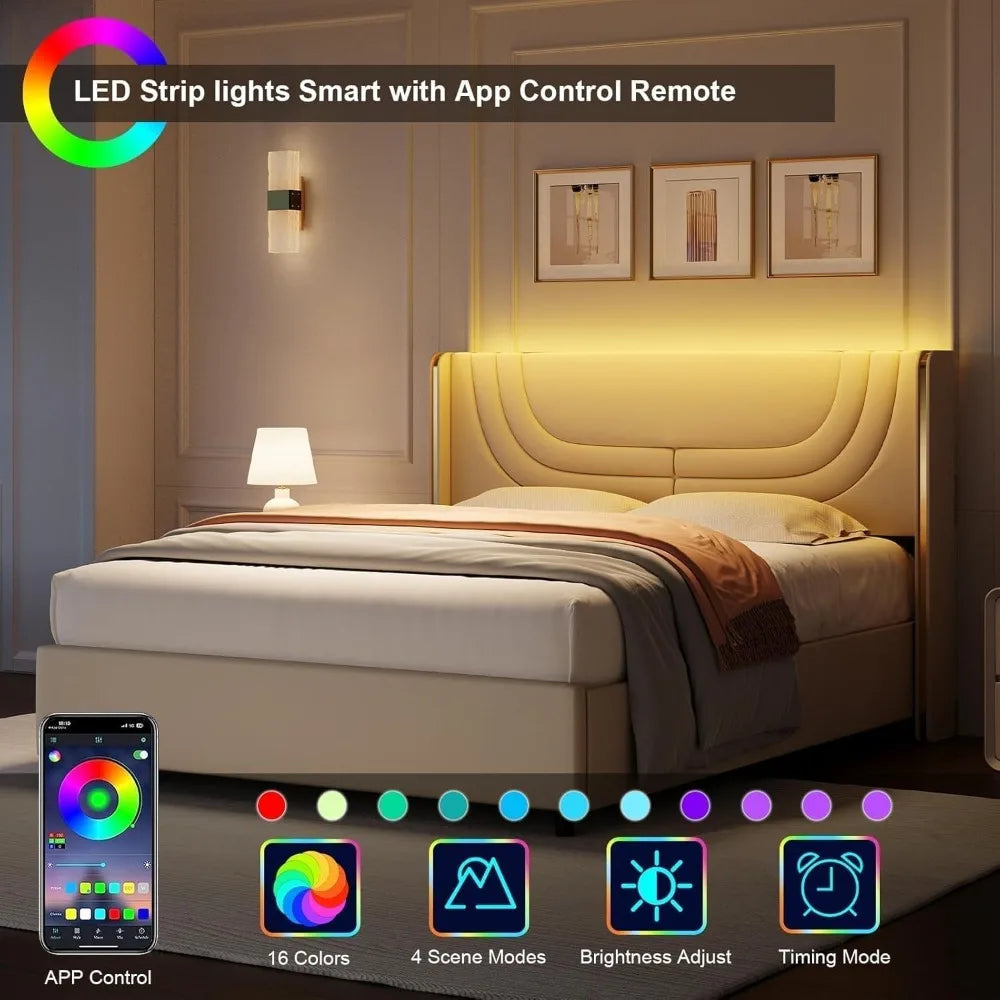 Queen Cream Bed Frame – LED Ambient Upholstered Platform with Wingback