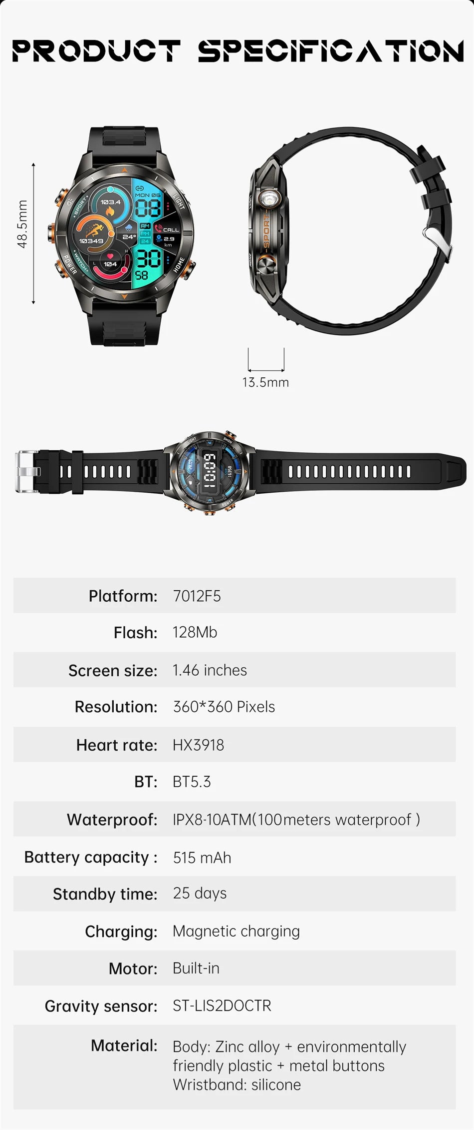 ChiBear KT80 Military Smart Watch – 10ATM Waterproof Rugged Design, 1.46" AMOLED Display, LED Flashlight, 515mAh Battery & Bluetooth Calls