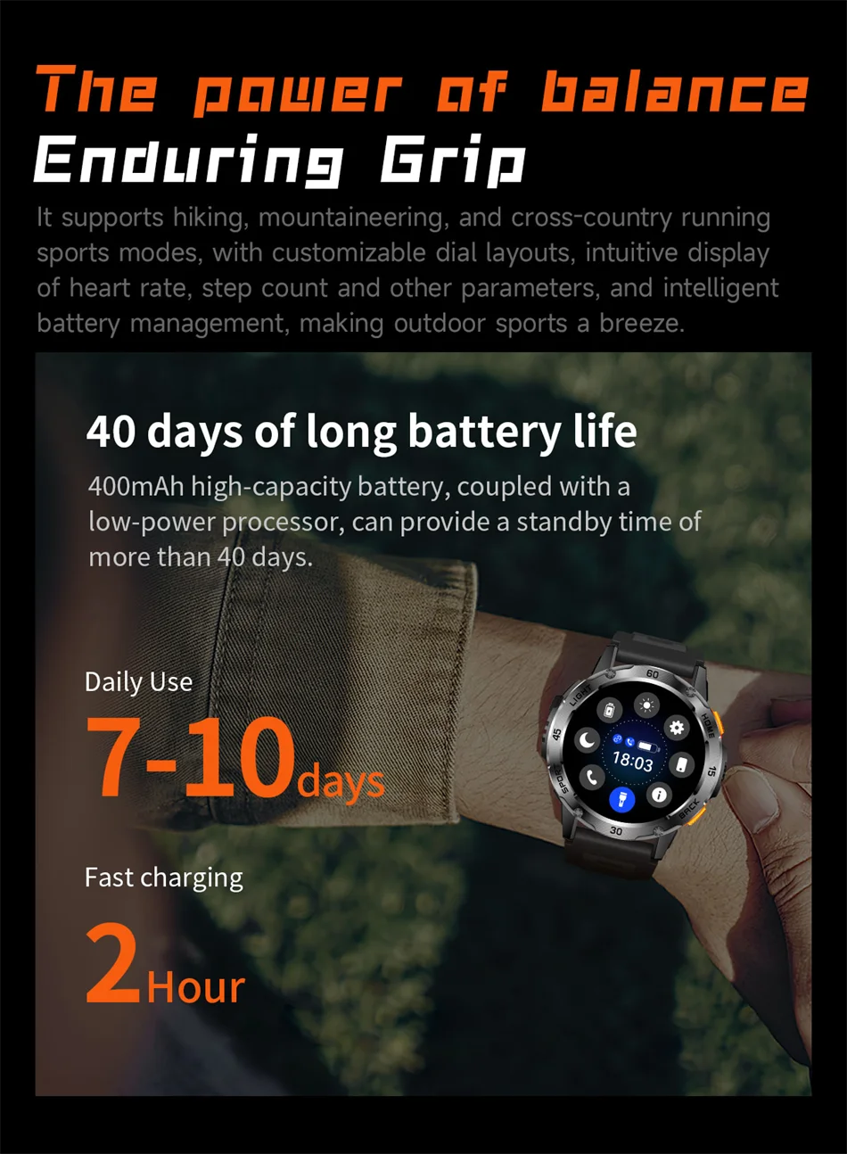 ChiBear YK10 Outdoor Smart Watch – LED Flashlight, 100+ Sports Modes, Compass & Bluetooth Calls
