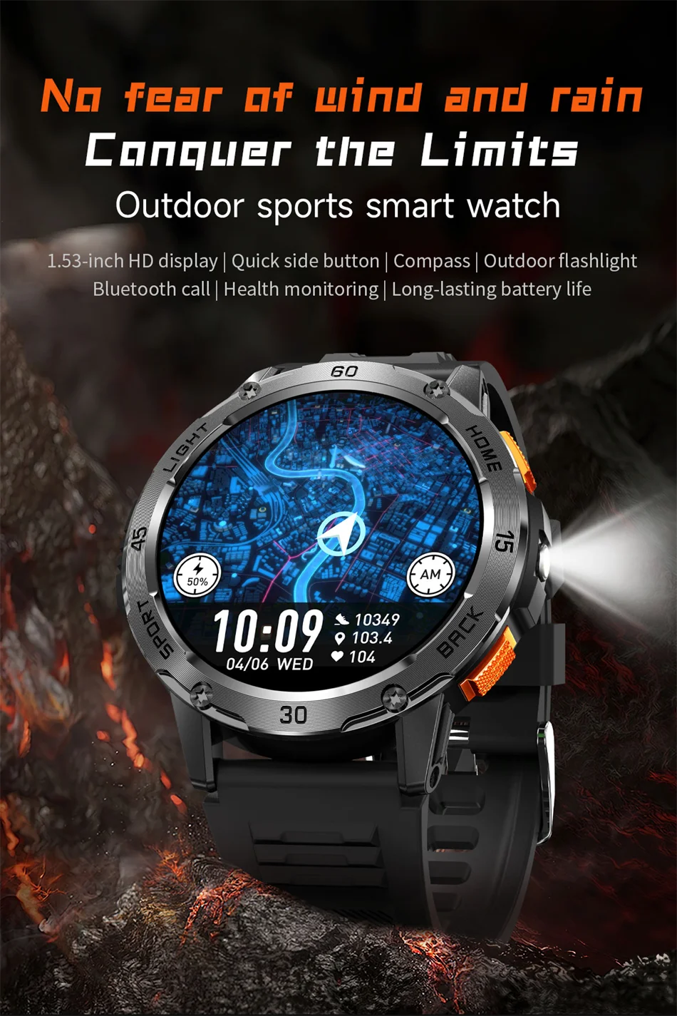 ChiBear YK10 Outdoor Smart Watch – LED Flashlight, 100+ Sports Modes, Compass & Bluetooth Calls