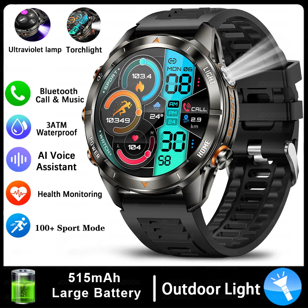 ChiBear KT80 Military Smart Watch – 10ATM Waterproof Rugged Design, 1.46" AMOLED Display, LED Flashlight, 515mAh Battery & Bluetooth Calls