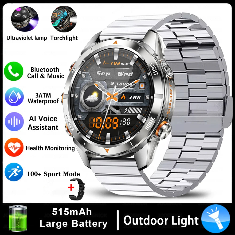 ChiBear KT80 Military Smart Watch – 10ATM Waterproof Rugged Design, 1.46" AMOLED Display, LED Flashlight, 515mAh Battery & Bluetooth Calls