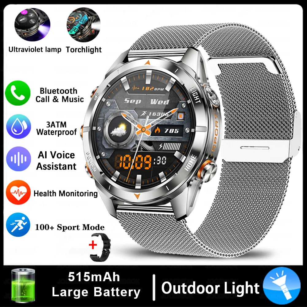 ChiBear KT80 Military Smart Watch – 10ATM Waterproof Rugged Design, 1.46" AMOLED Display, LED Flashlight, 515mAh Battery & Bluetooth Calls
