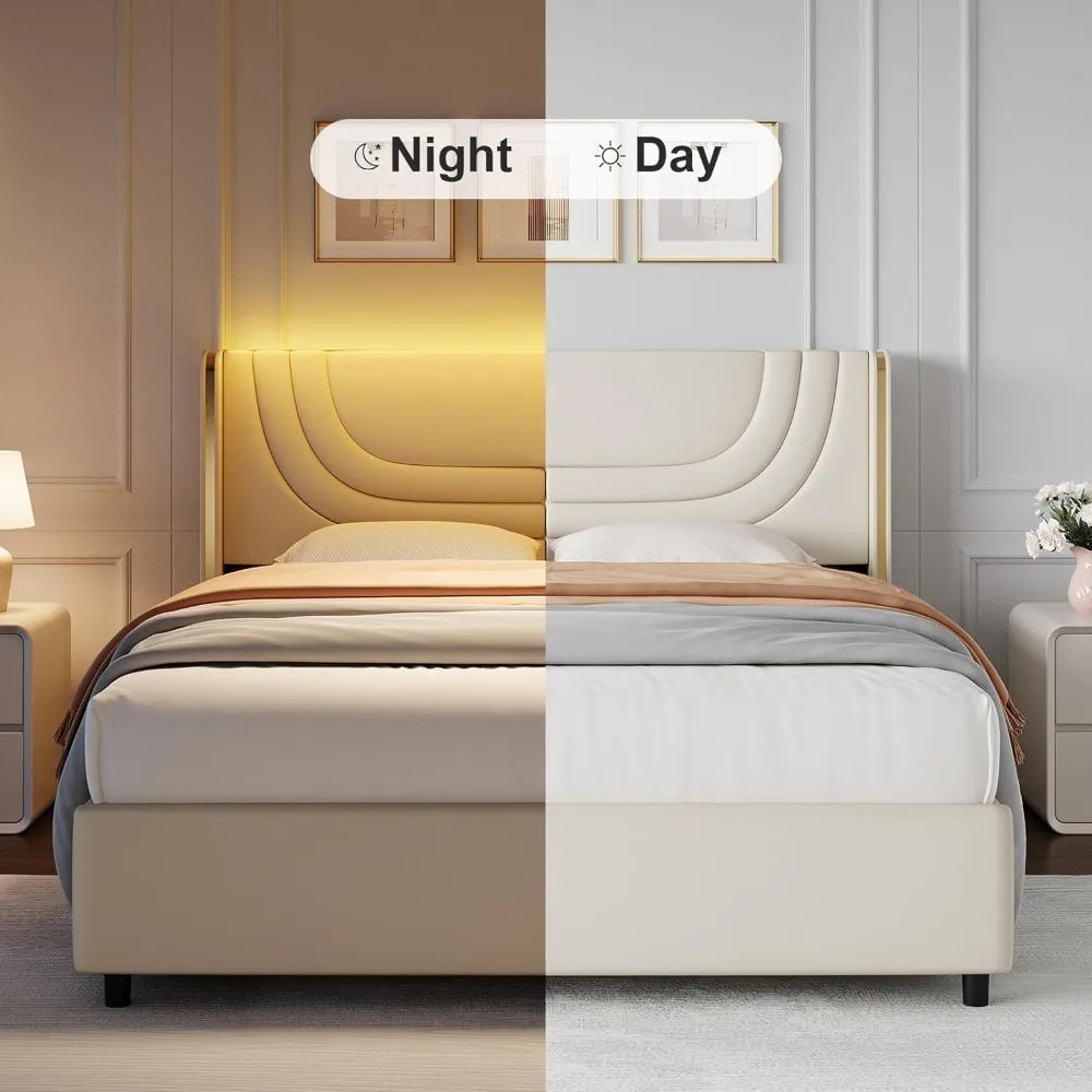 Queen Cream Bed Frame – LED Ambient Upholstered Platform with Wingback