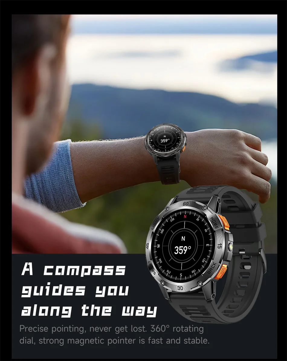 ChiBear YK10 Outdoor Smart Watch – LED Flashlight, 100+ Sports Modes, Compass & Bluetooth Calls