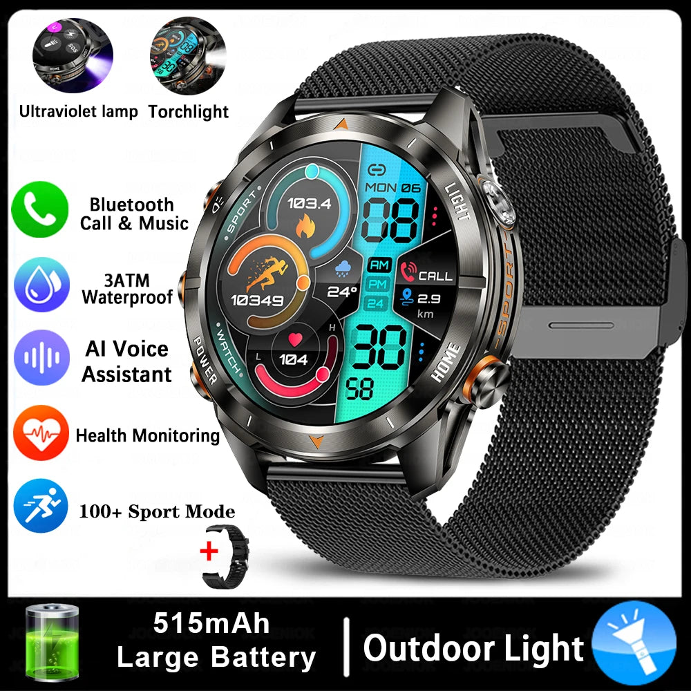 ChiBear KT80 Military Smart Watch – 10ATM Waterproof Rugged Design, 1.46" AMOLED Display, LED Flashlight, 515mAh Battery & Bluetooth Calls