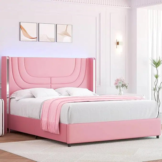 Queen Pink Bed Frame – LED Ambient Upholstered Platform with Wingback Headboard