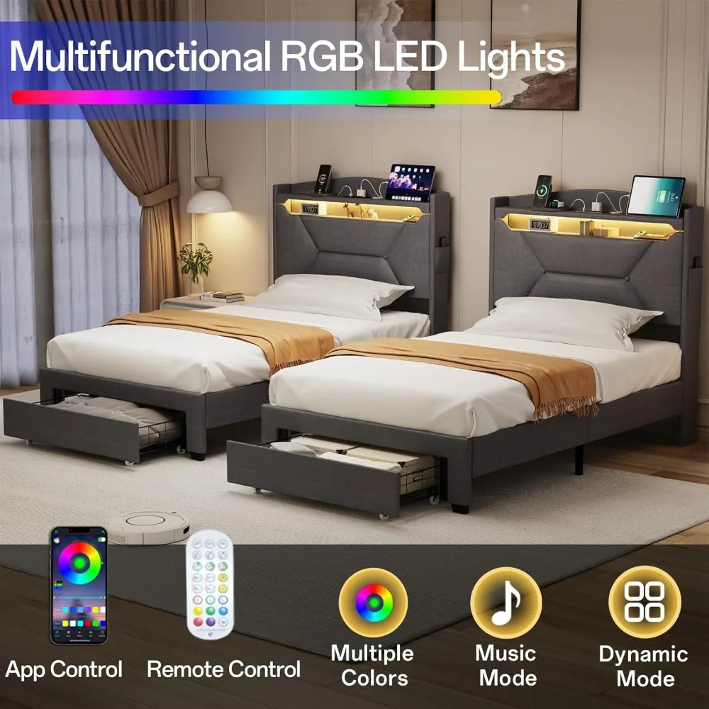 AuraBed Queen Beige – Smart Storage LED Frame with Charging Hub