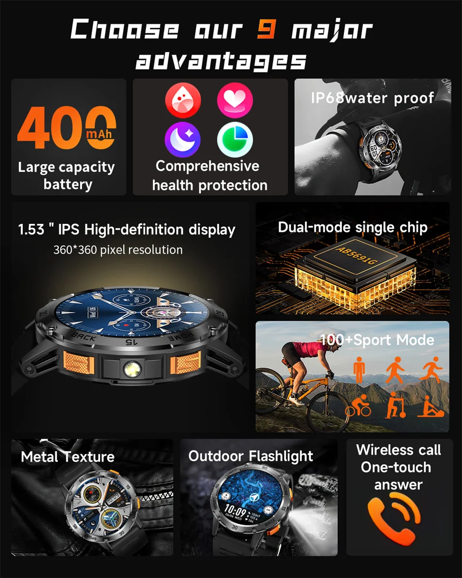 ChiBear YK10 Outdoor Smart Watch – LED Flashlight, 100+ Sports Modes, Compass & Bluetooth Calls