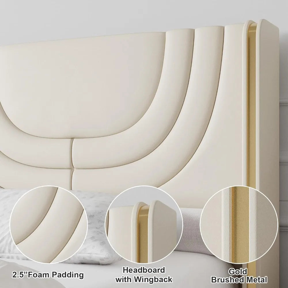 Queen Cream Bed Frame – LED Ambient Upholstered Platform with Wingback