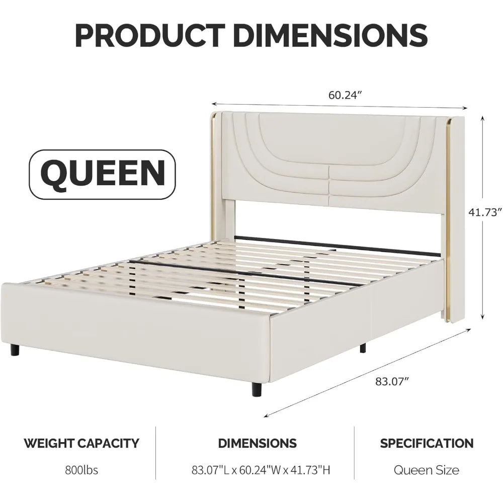Queen Cream Bed Frame – LED Ambient Upholstered Platform with Wingback