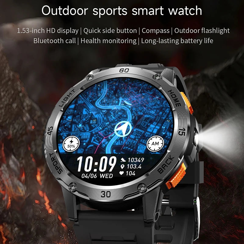 ChiBear YK10 Outdoor Smart Watch – LED Flashlight, 100+ Sports Modes, Compass & Bluetooth Calls