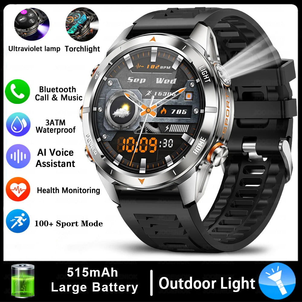 ChiBear KT80 Military Smart Watch – 10ATM Waterproof Rugged Design, 1.46" AMOLED Display, LED Flashlight, 515mAh Battery & Bluetooth Calls