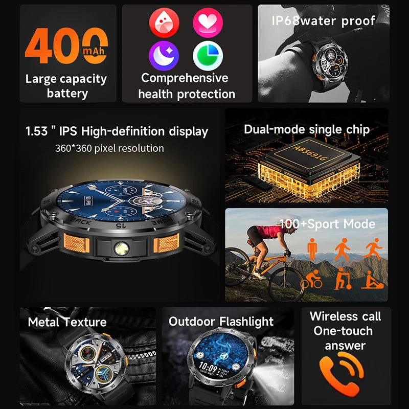 ChiBear YK10 Outdoor Smart Watch – LED Flashlight, 100+ Sports Modes, Compass & Bluetooth Calls