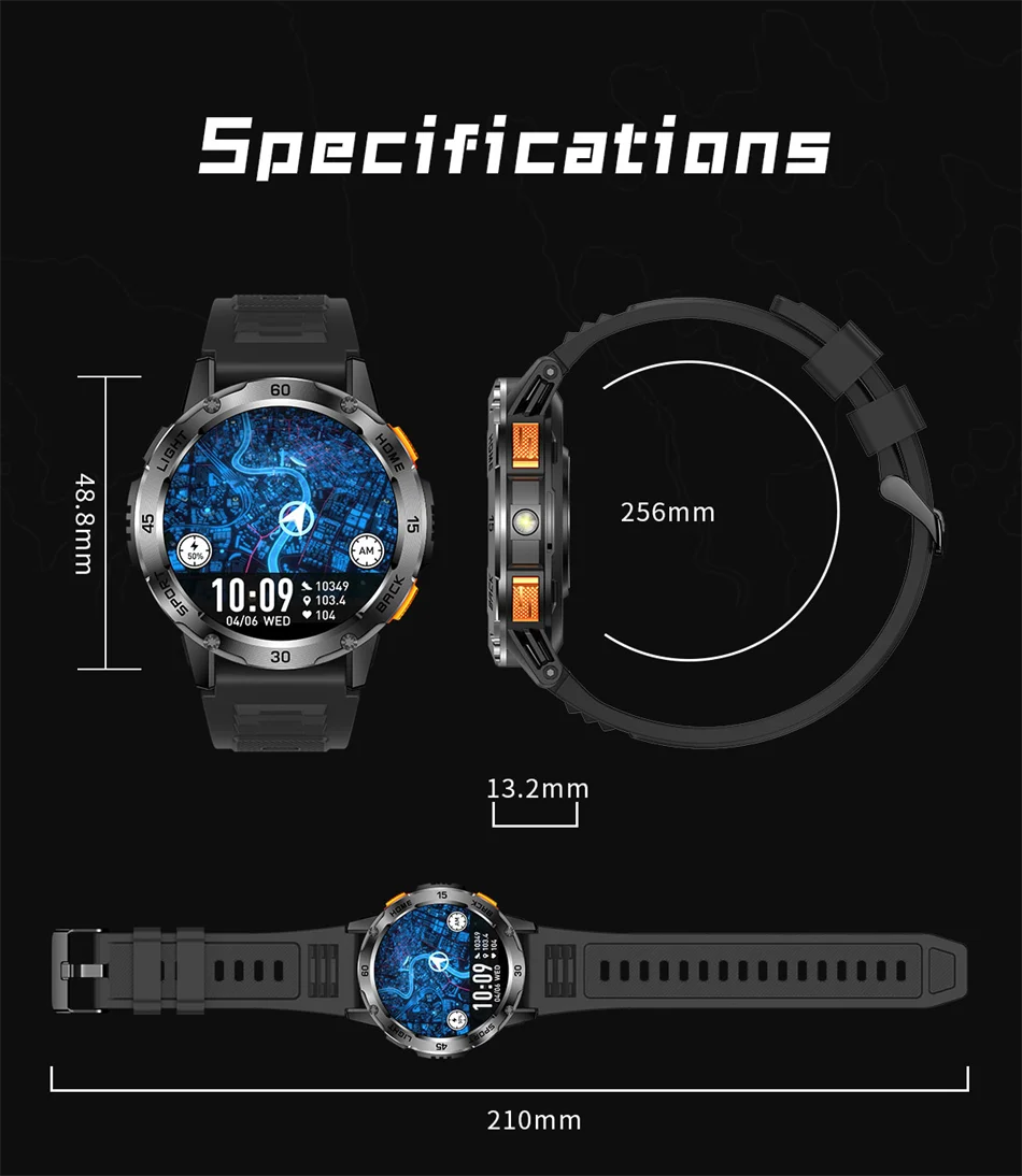 ChiBear YK10 Outdoor Smart Watch – LED Flashlight, 100+ Sports Modes, Compass & Bluetooth Calls