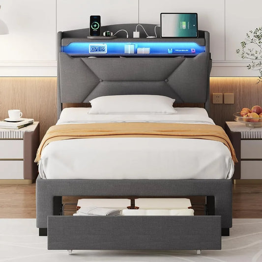 AuraBed Full Grey – Smart Storage LED Frame with Charging Hub