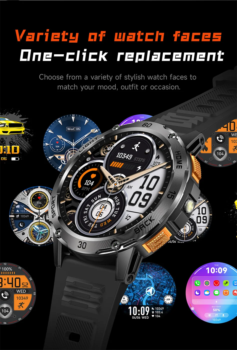 ChiBear YK10 Outdoor Smart Watch – LED Flashlight, 100+ Sports Modes, Compass & Bluetooth Calls