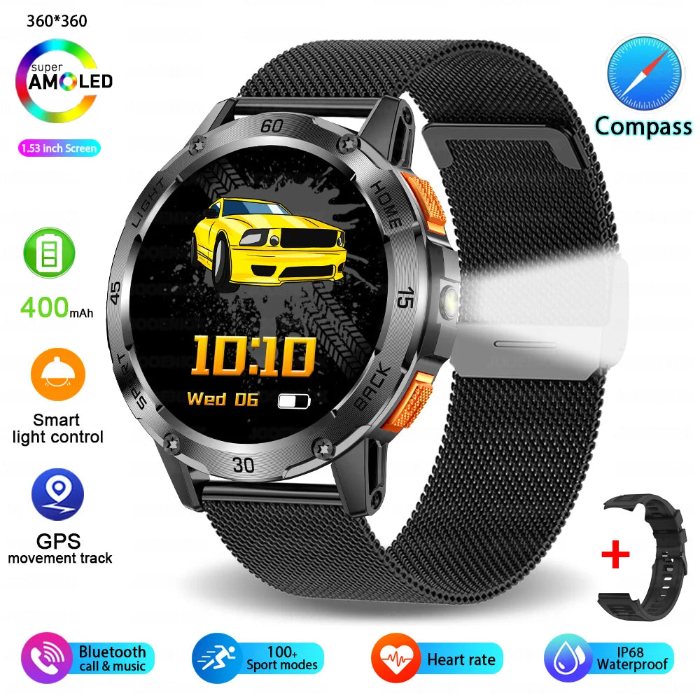 ChiBear YK10 Outdoor Smart Watch – LED Flashlight, 100+ Sports Modes, Compass & Bluetooth Calls