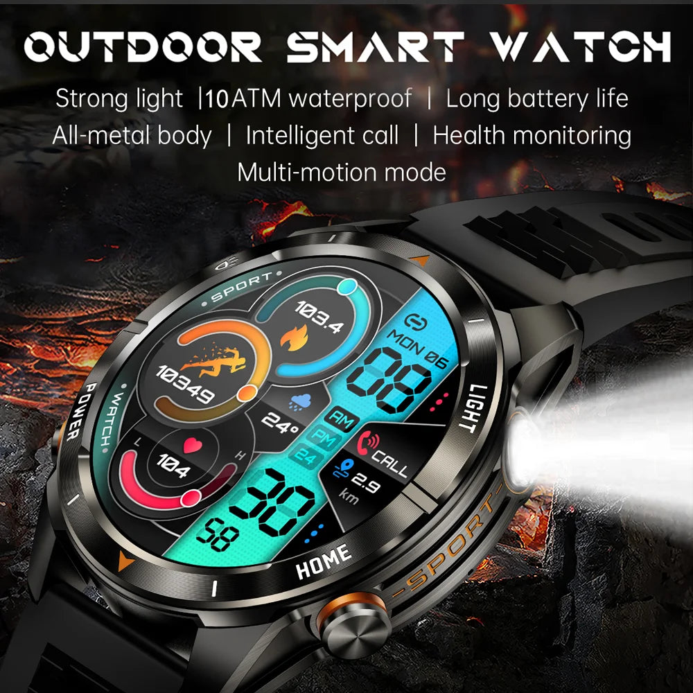ChiBear KT80 Military Smart Watch – 10ATM Waterproof Rugged Design, 1.46" AMOLED Display, LED Flashlight, 515mAh Battery & Bluetooth Calls