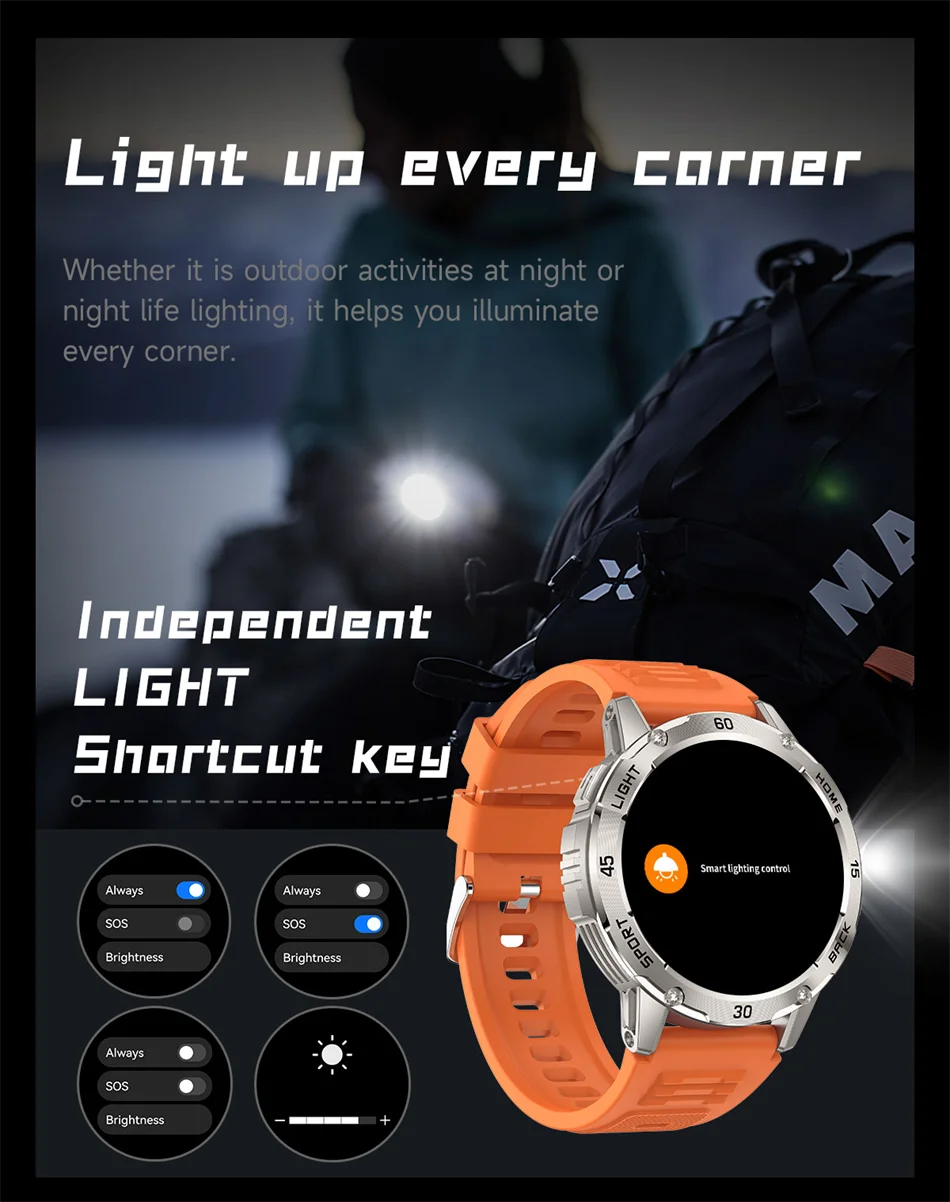 ChiBear YK10 Outdoor Smart Watch – LED Flashlight, 100+ Sports Modes, Compass & Bluetooth Calls