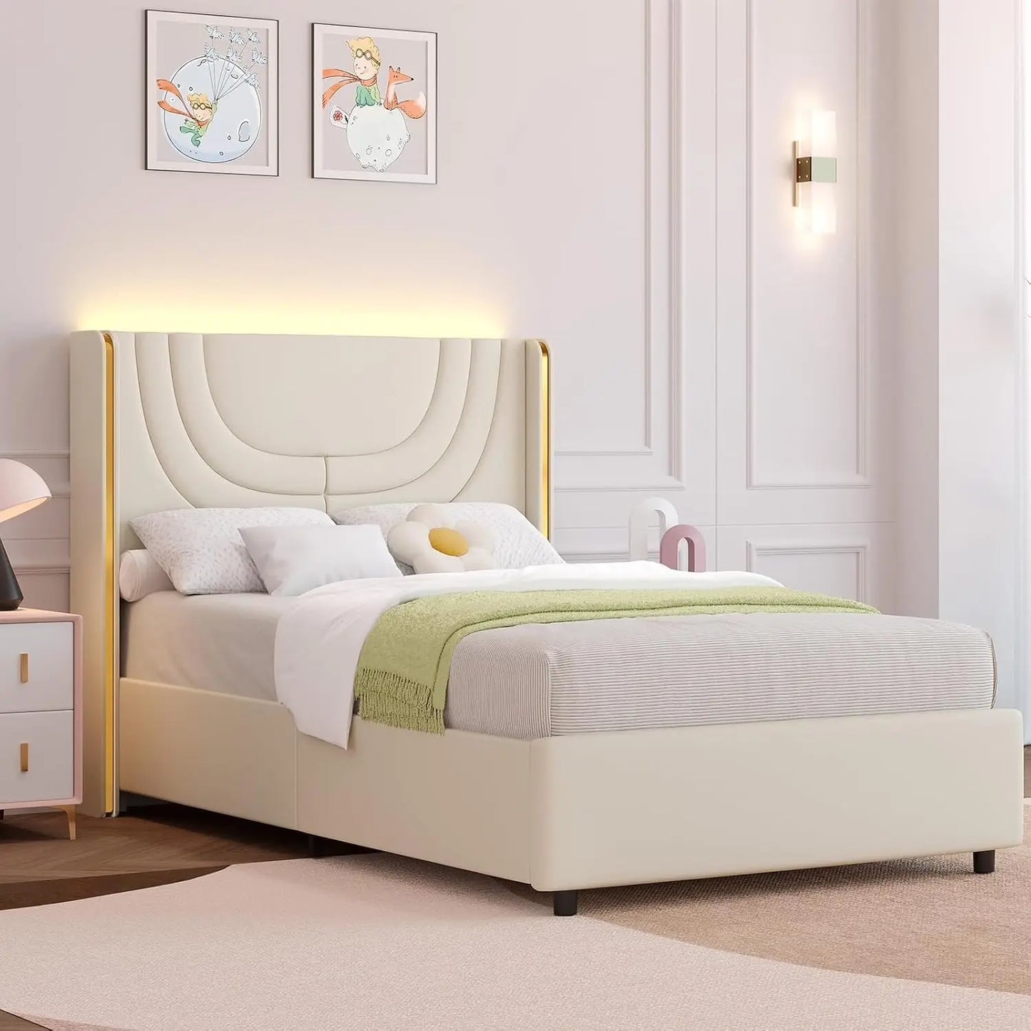 Queen Cream Bed Frame – LED Ambient Upholstered Platform with Wingback