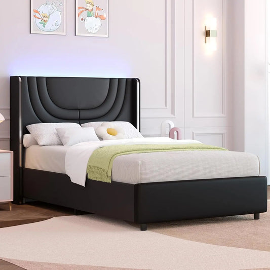 Queen Black Bed Frame – LED Ambient Upholstered Platform with Wingback Headboard