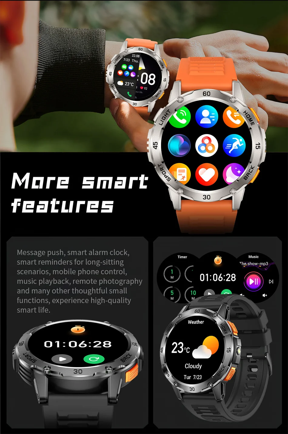 ChiBear YK10 Outdoor Smart Watch – LED Flashlight, 100+ Sports Modes, Compass & Bluetooth Calls