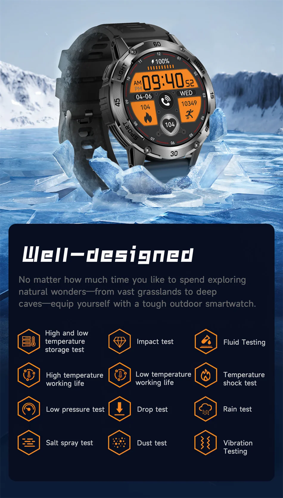 ChiBear YK10 Outdoor Smart Watch – LED Flashlight, 100+ Sports Modes, Compass & Bluetooth Calls