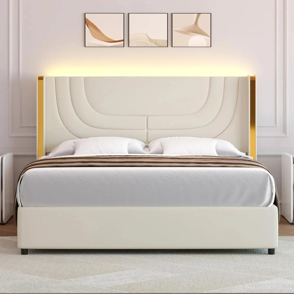 Queen Cream Bed Frame – LED Ambient Upholstered Platform with Wingback